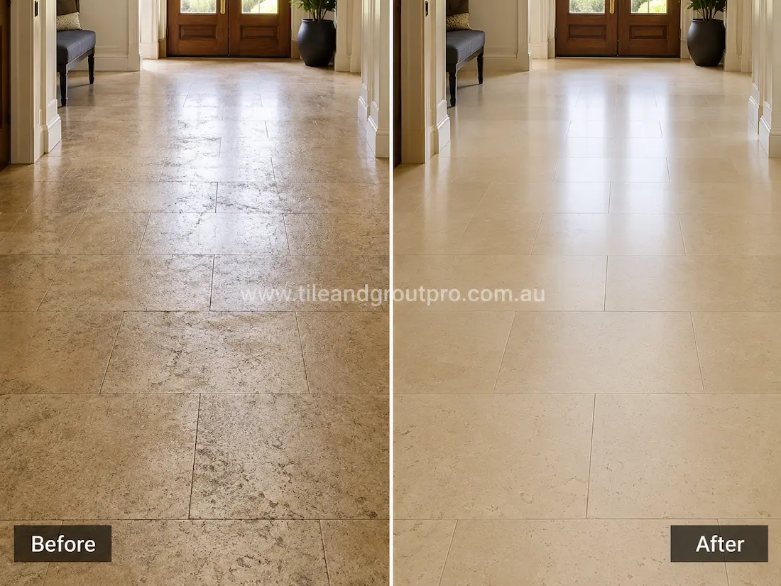 Large-format limestone tiles in a residential entry hall displaying traffic wear, dull patches, and a faded finish before tile resurfacing.