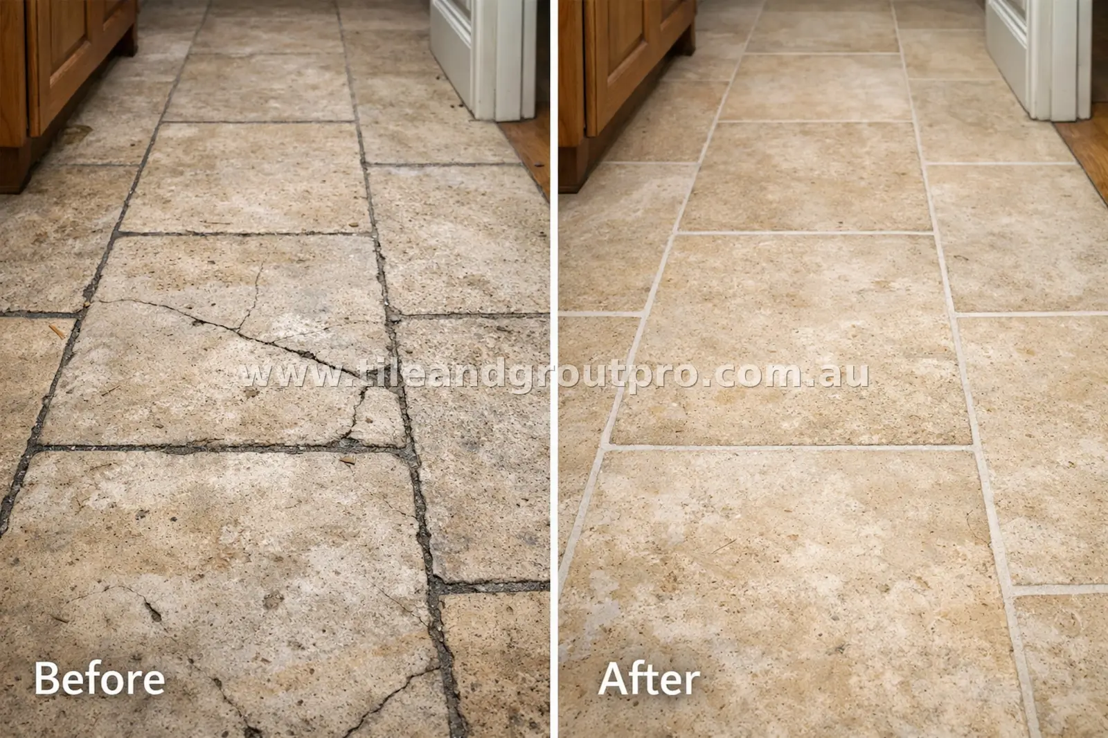 before and after Scratch Removal limestone tile floor