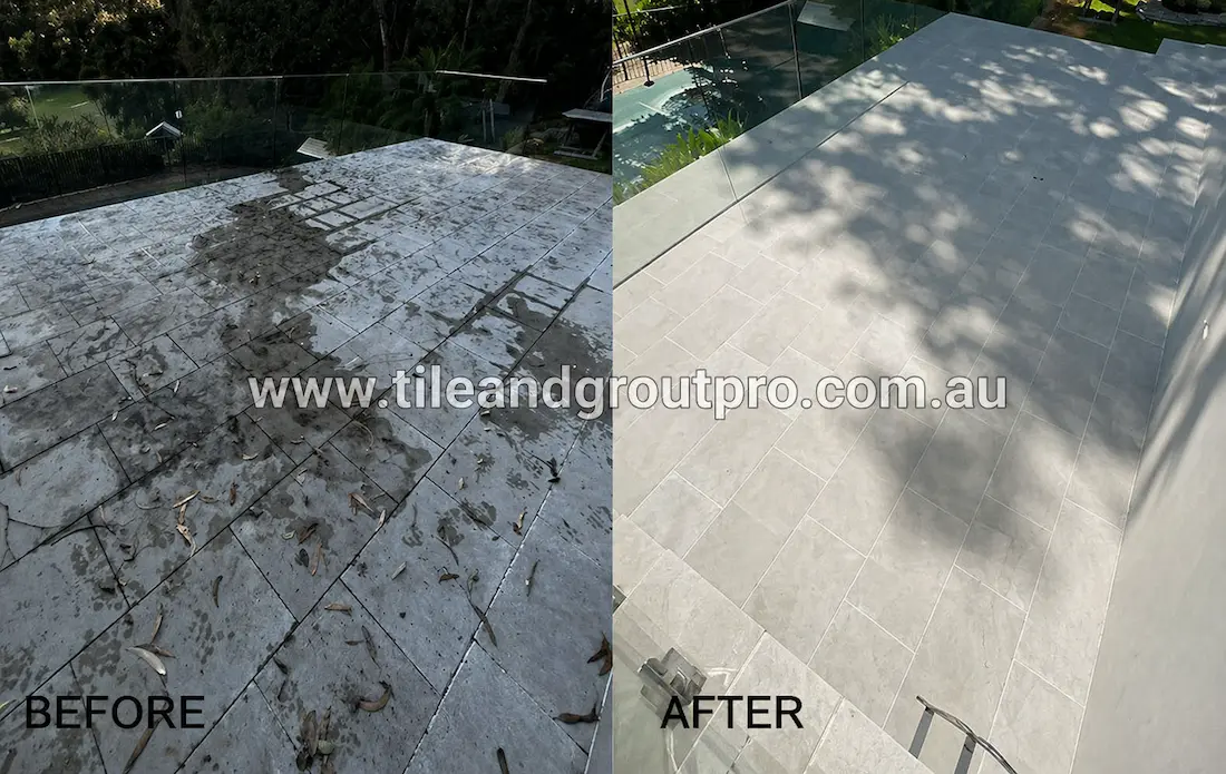 Outdoor limestone floor restoration before and after showing heavy dirt removal and clean light stone finish on balcony
