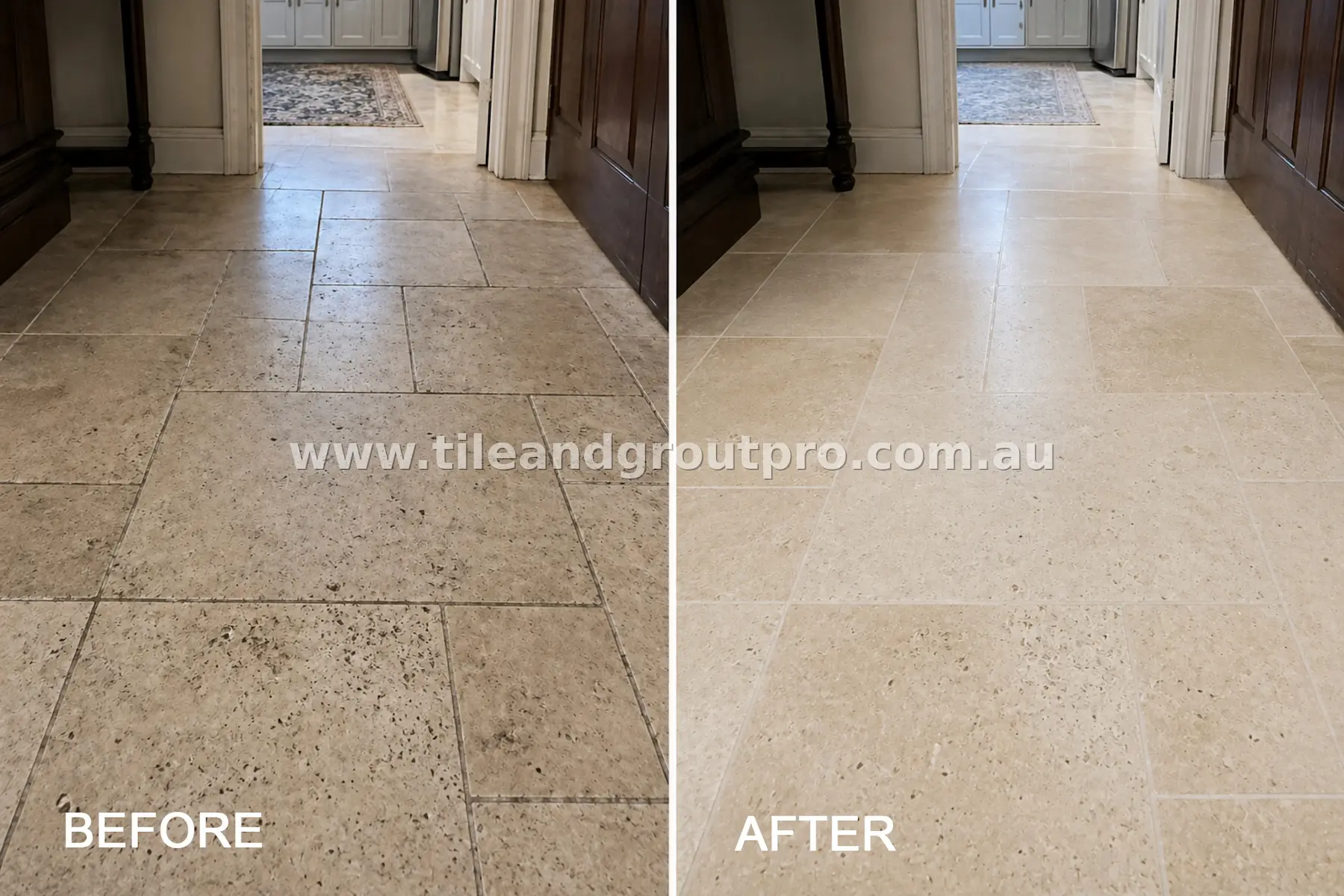 Indoor limestone hallway tiles with visible dirt buildup, dark spotting, and discolored grout lines before cleaning, shown restored to a cleaner and more uniform finish after tile and grout cleaning