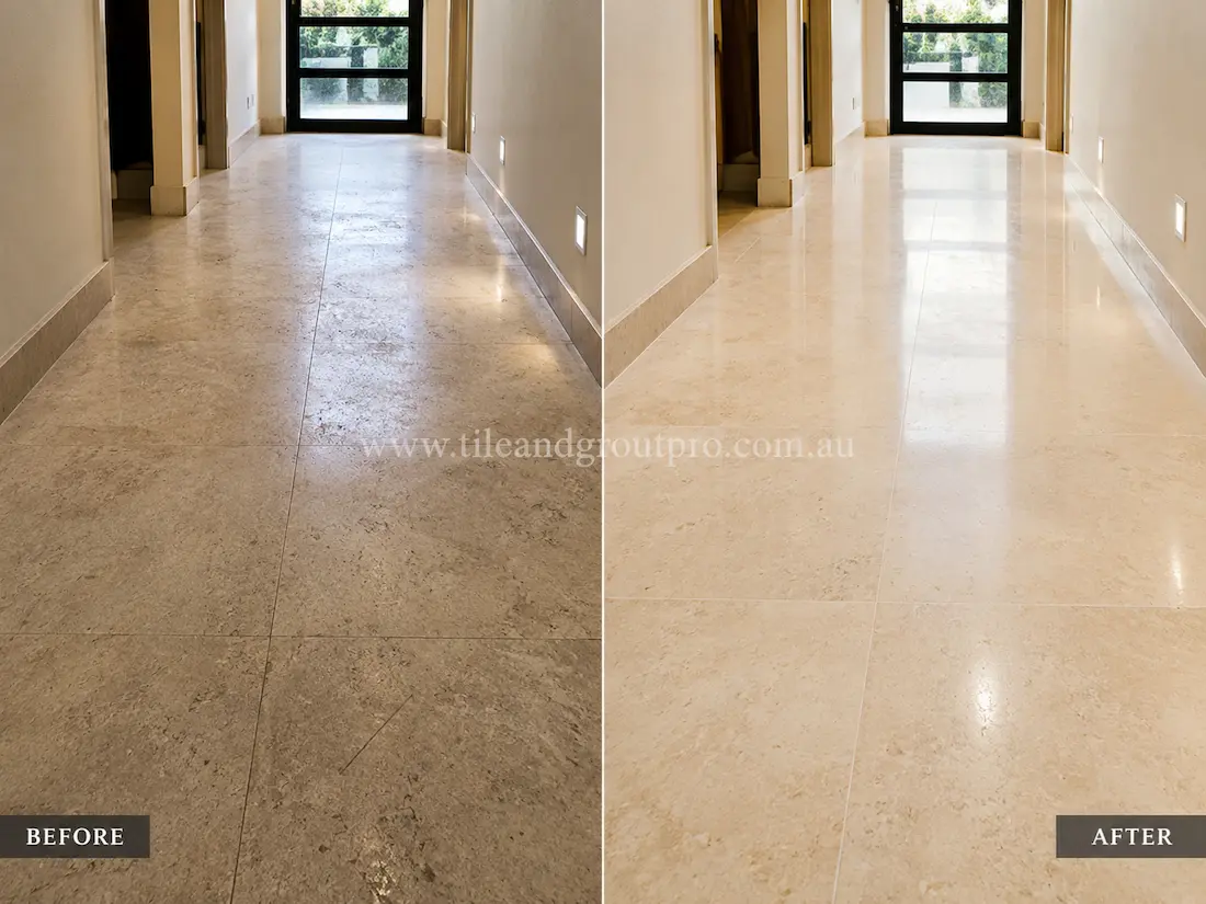 Light beige limestone floor tiles in a residential hallway showing dullness, surface wear, and reduced clarity before tile resurfacing and polishing.