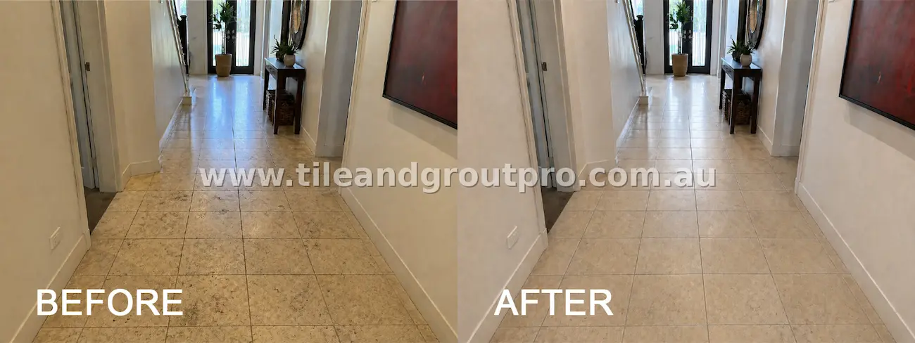 Indoor limestone hallway floor tiles with embedded dirt, discoloration, and darkened grout lines before cleaning, shown brightened and evenly cleaned after tile and grout cleaning
