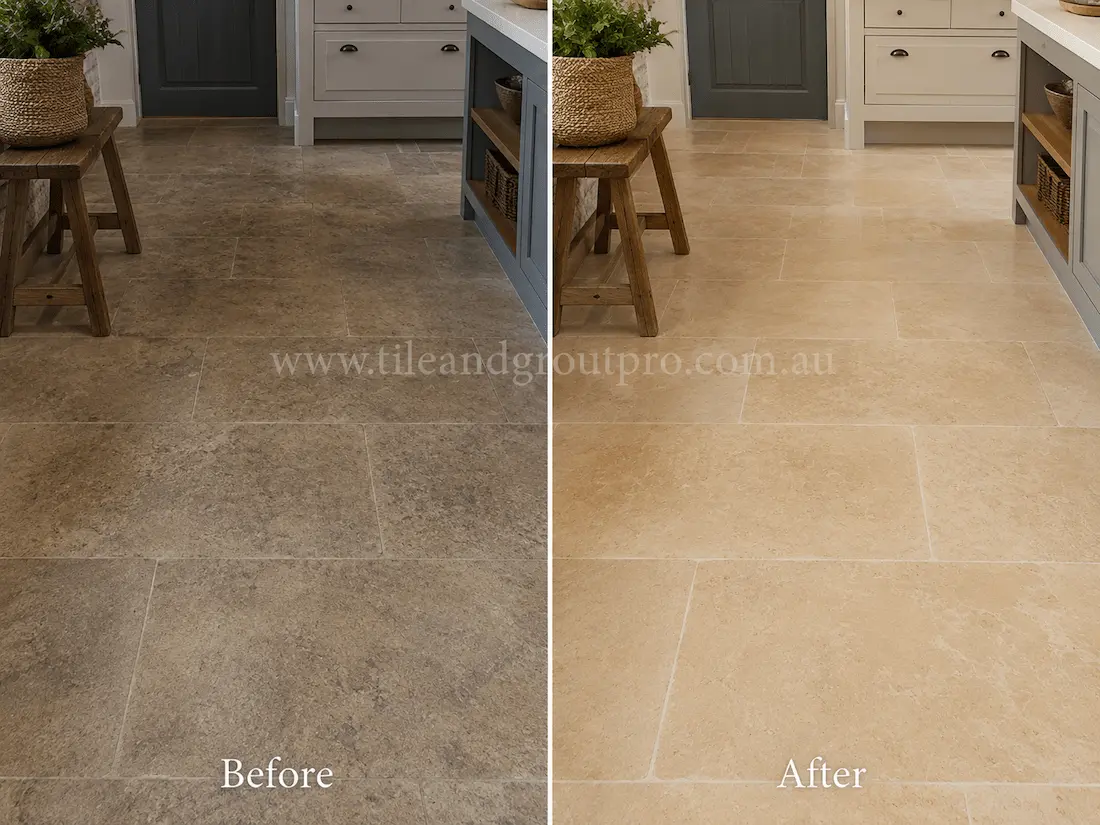 Before tile renewal, the limestone laundry room floor looked darkened and worn with visible grime and reduced clarity between cabinetry and storage areas.