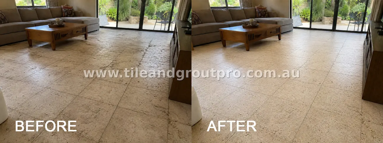 Limestone living room floor tiles with embedded grime, patchy staining, and dull appearance before cleaning, shown brightened with cleaner grout lines and a more even surface after tile and grout cleaning