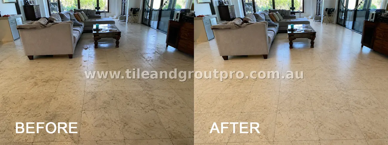 Large open-plan limestone floor with widespread dirt buildup, patchy discoloration, and worn grout lines before cleaning, shown restored to a cleaner, brighter surface after tile and grout cleaning