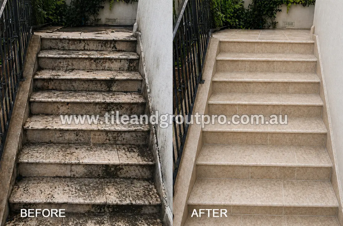 Limestone stair restoration before and after removing stains, mold, and grime for a refreshed clean appearance