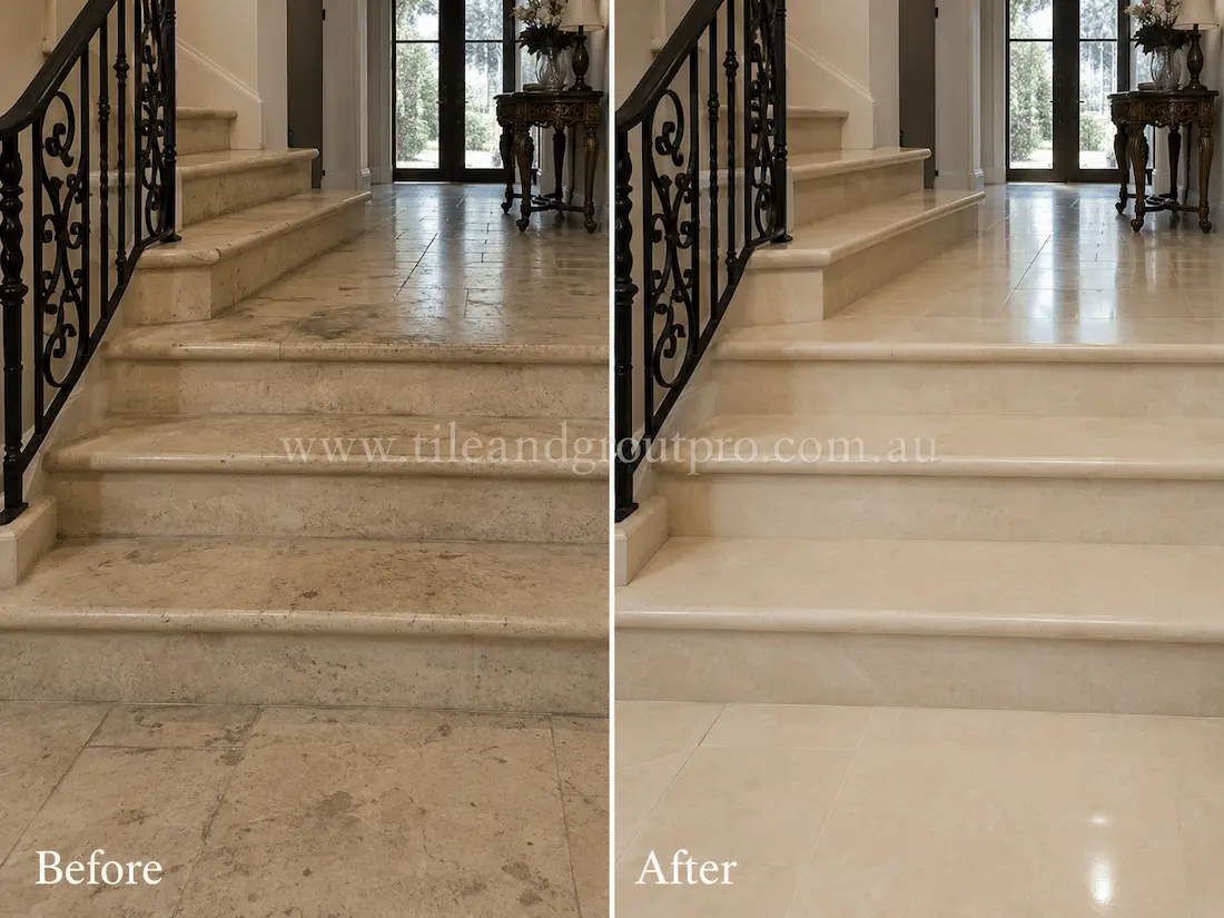 Before tile renewal, the limestone staircase and entry hall floor showed dull wear, staining, and uneven finish in a residential foyer.