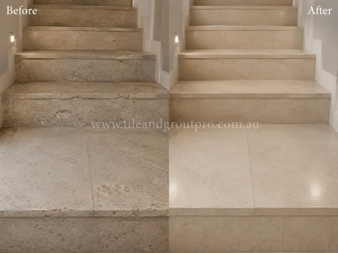 Limestone staircase and landing with visible edge wear, surface etching, and dull stone finish before professional tile resurfacing and restoration.