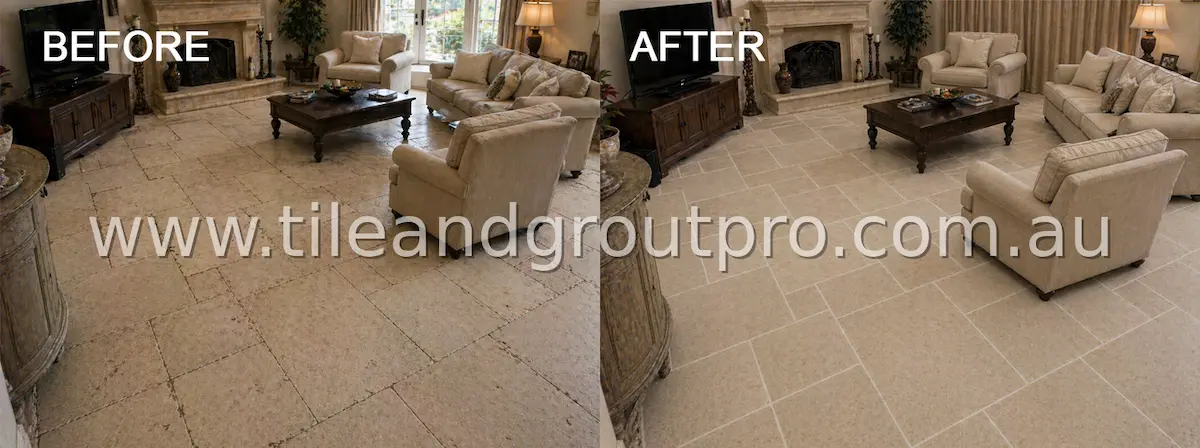 Living room limestone tile floor before and after regrouting with uniform grout lines and polished natural stone finish