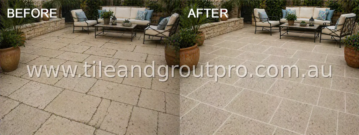 Outdoor patio limestone tiles before and after regrouting with refreshed grout lines and improved surface appearance