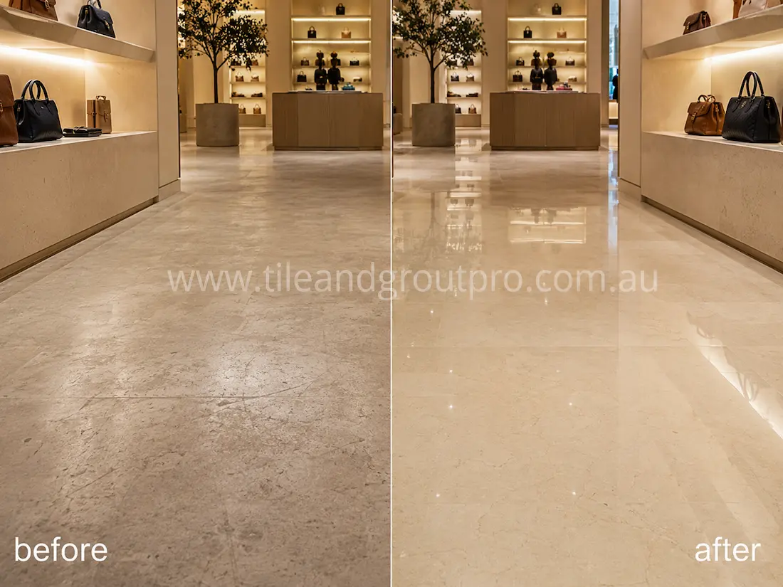 Luxury retail showroom limestone floor before grinding, displaying dull traffic lanes, surface scratches, worn finish, and reduced clarity under display lighting.
