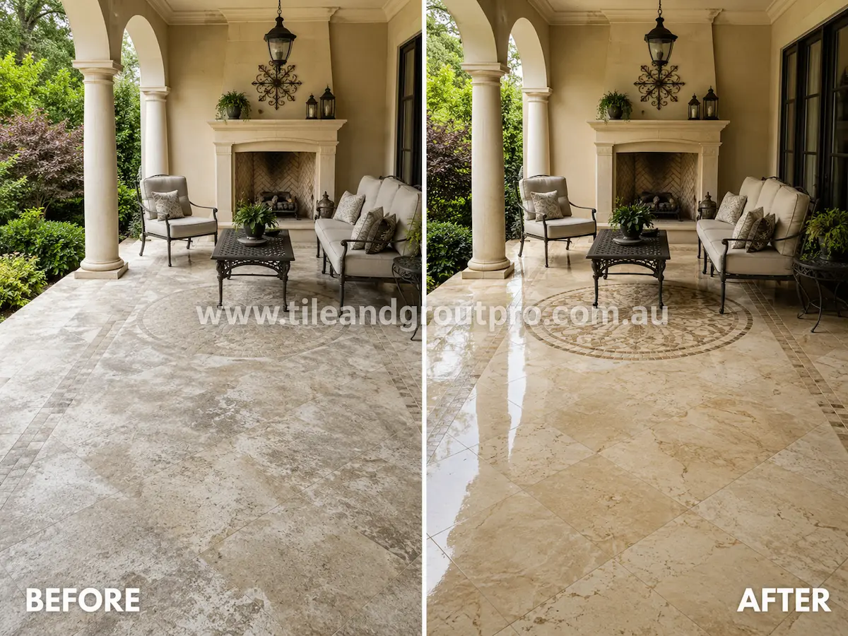 Before-and-after comparison of outdoor marble patio tiles with weathered sealer residue, dull surface finish, and uneven appearance before Sealer Stripping.
