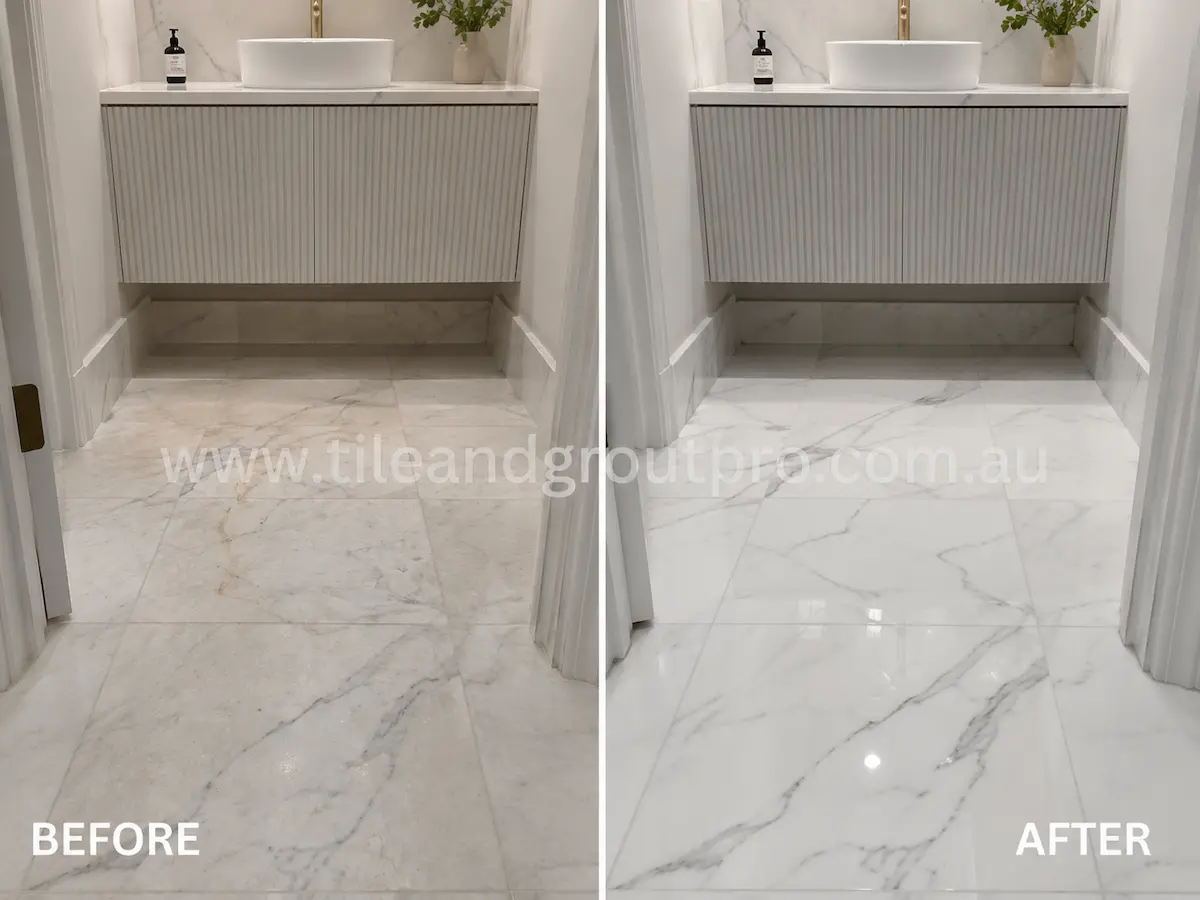 Before-and-after comparison of white marble powder room floor tiles with dull sealer haze, muted veining, and worn surface finish before Sealer Stripping.