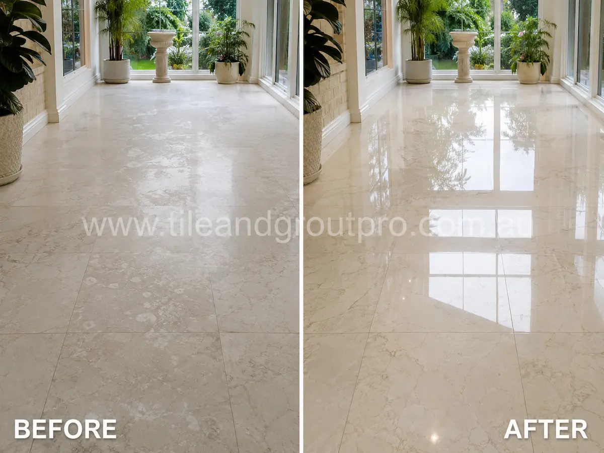 Before-and-after comparison of sunroom marble floor tiles with cloudy sealer residue, low shine, and worn stone appearance before Sealer Stripping.