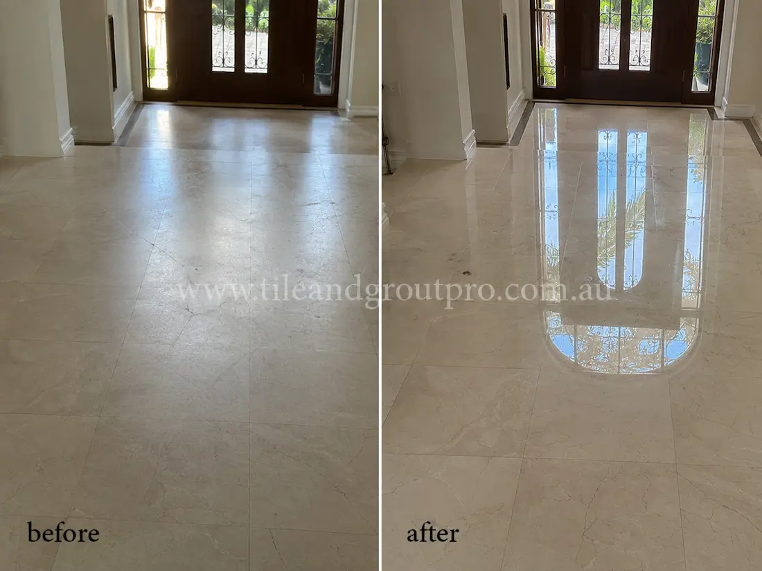 Beige marble foyer floor tiles with dull finish and low light reflection before professional stone polishing service.