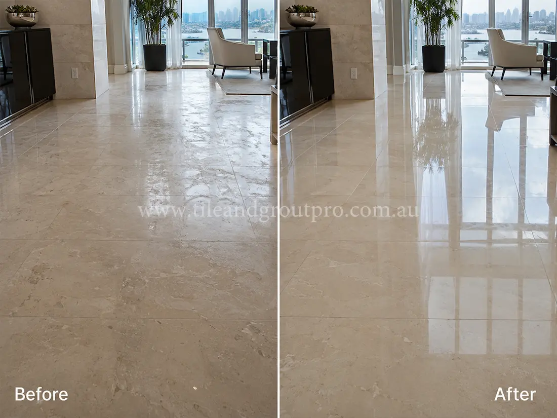 Large beige marble floor in a luxury living area with visible loss of gloss, light etching, and traffic wear before tile resurfacing.
