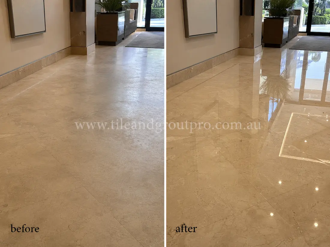 Commercial beige marble lobby floor with hazy appearance and reduced gloss before professional stone polishing treatment.
