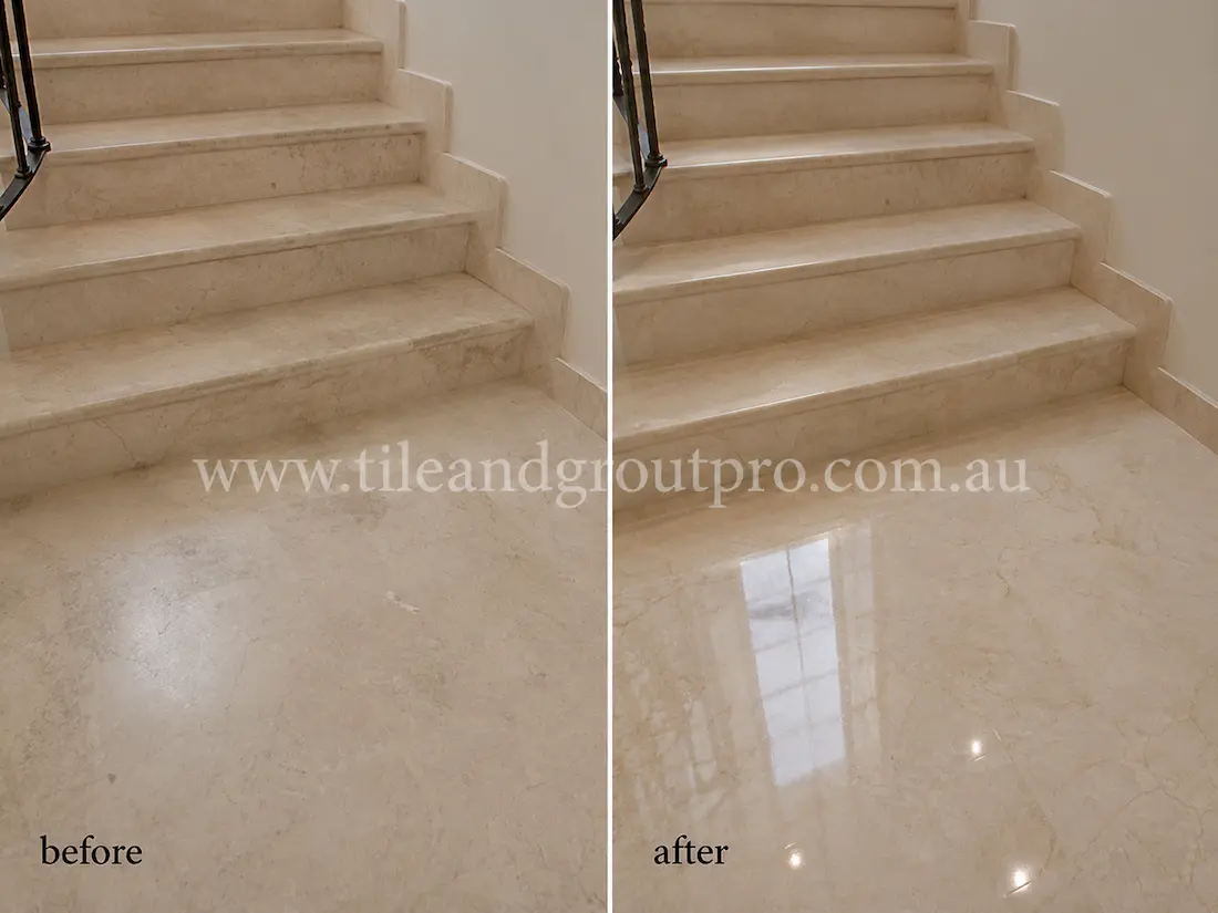 Indoor beige marble staircase and landing with worn surface and faded shine before marble stone polishing.
