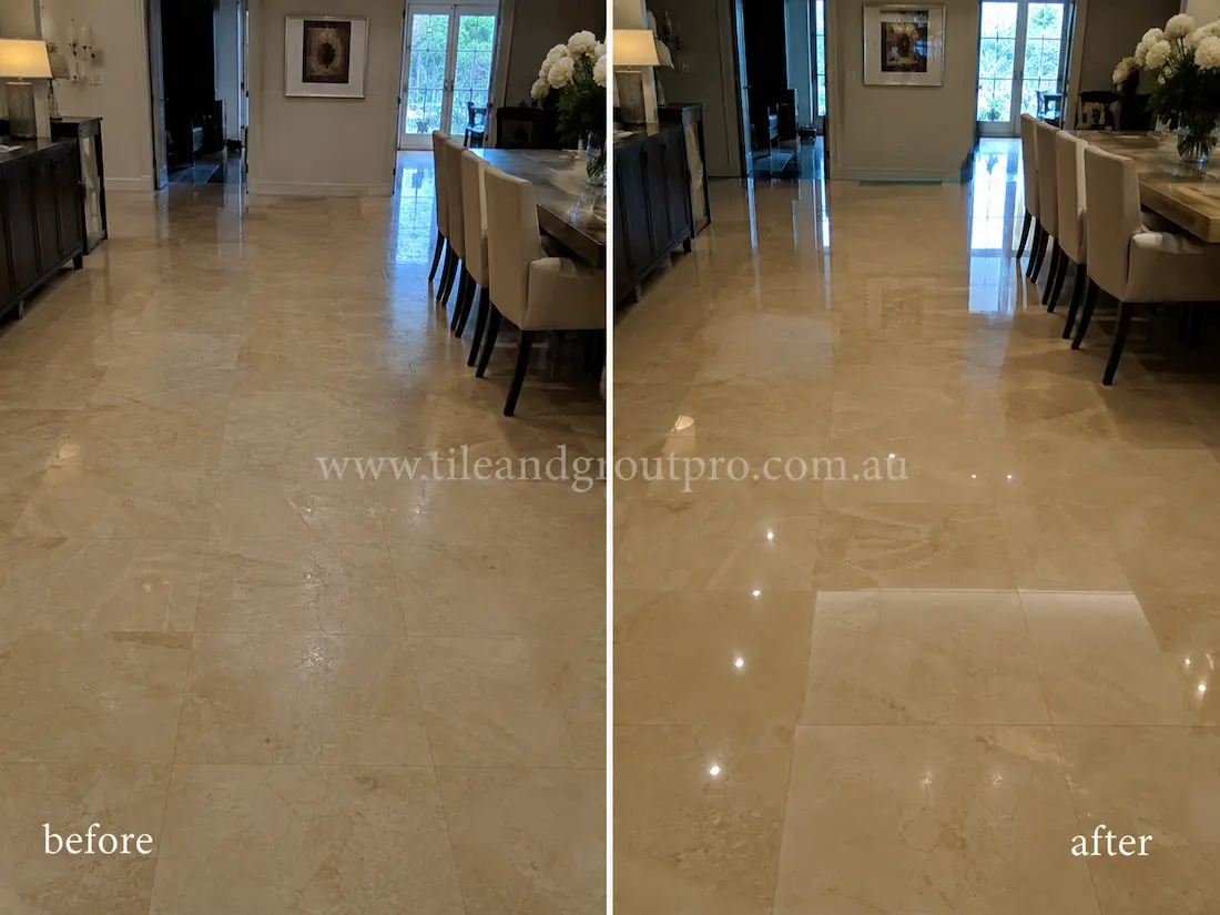 Cream marble dining room floor before and after scratch removal, showing dull etched stone tiles restored to a polished reflective finish in a residential interior.