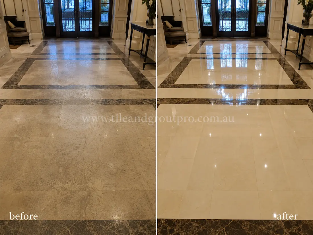 Luxury home entryway with cream marble floor tiles before and after scratch removal, showing dull etched marble restored to a polished reflective finish.
