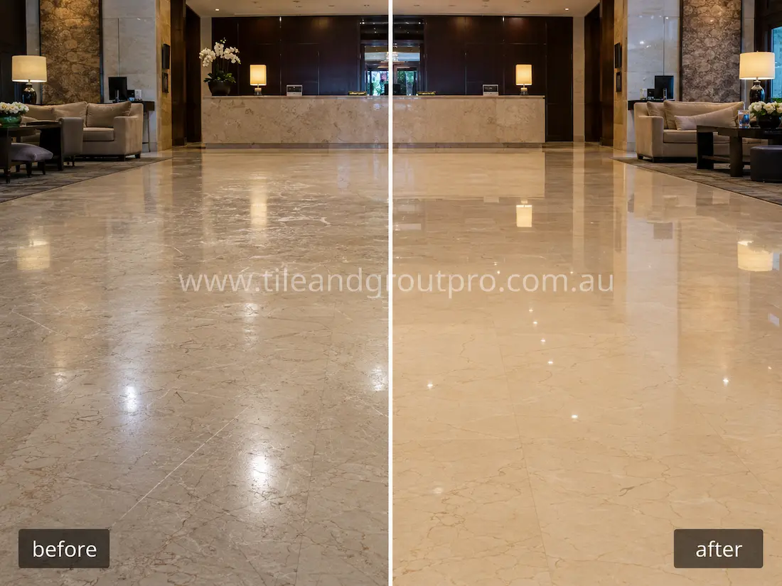 Hotel lobby with polished marble floor tiles before grinding, showing traffic wear, light scratching, cloudy finish, and uneven gloss across the reception and seating area floor.