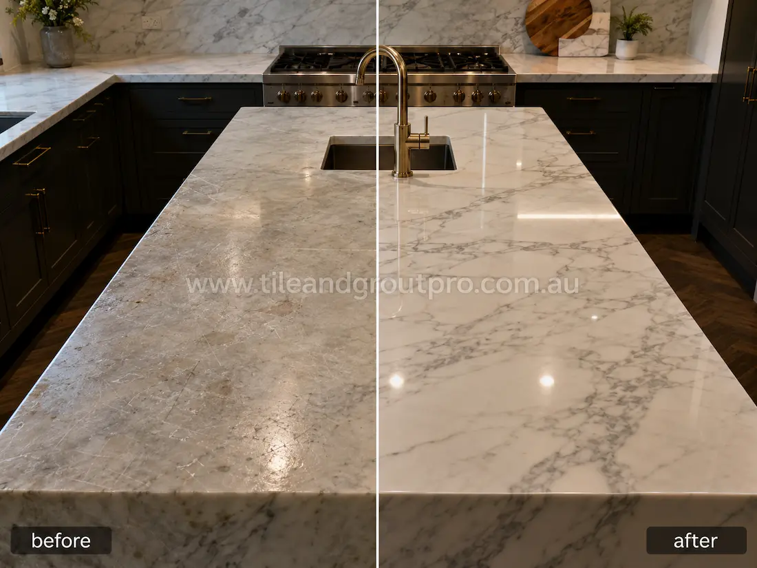 Luxury kitchen marble island benchtop before grinding, showing dull etching, surface scratches, water marks, and worn polish around the sink and preparation area.