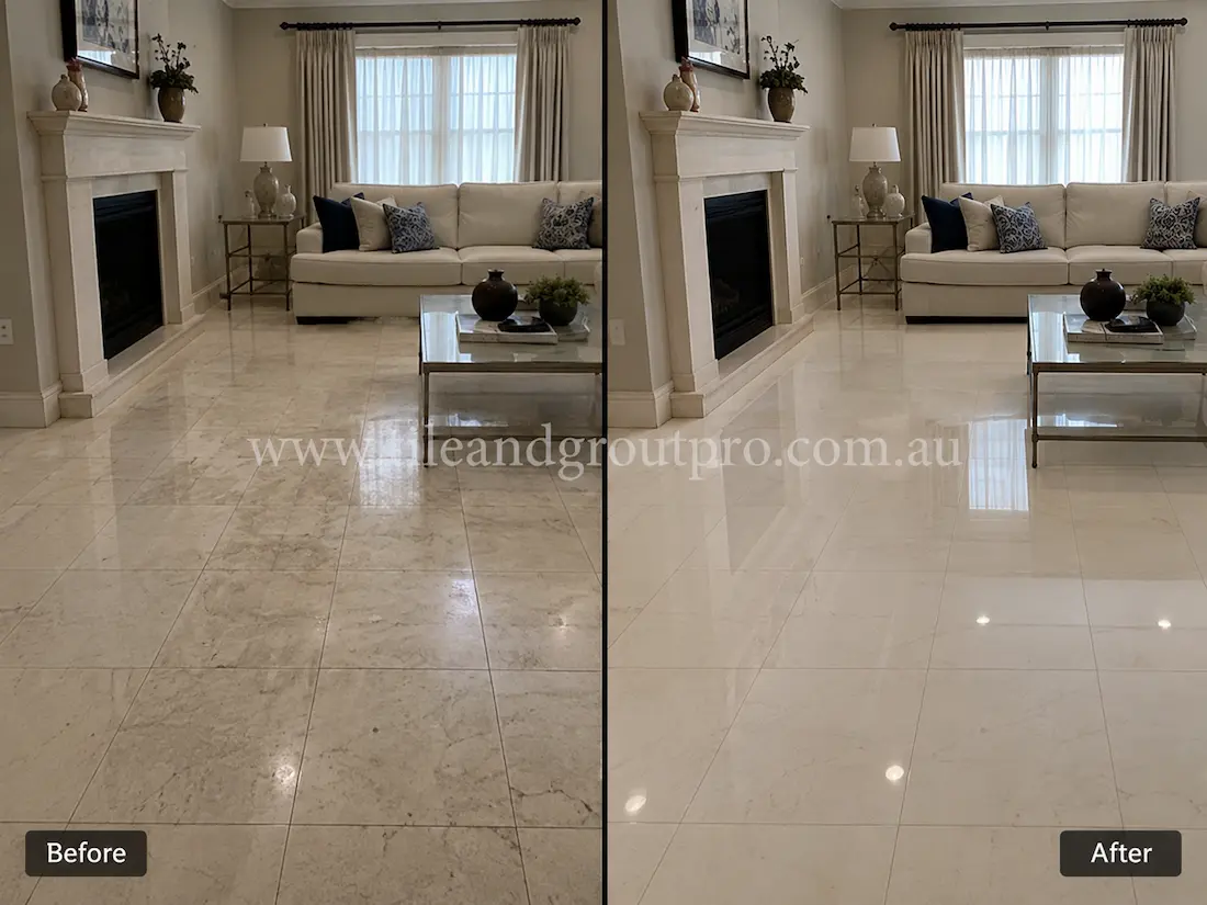 Before tile renewal, the living room marble floor tiles appeared dull and lightly etched with reduced shine and visible wear in a residential lounge area with fireplace and sofa seating.
