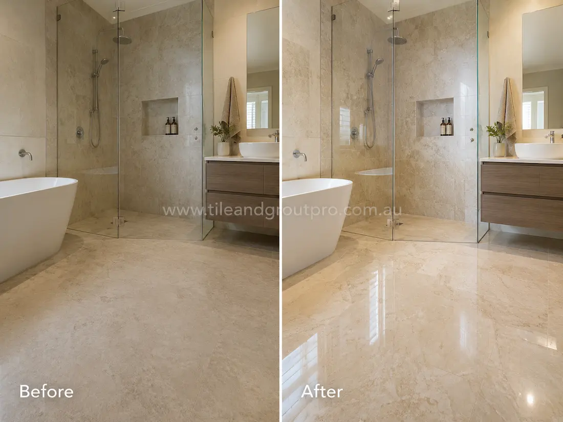 Beige marble bathroom floor and shower tiles with low shine and worn surface before marble stone polishing.