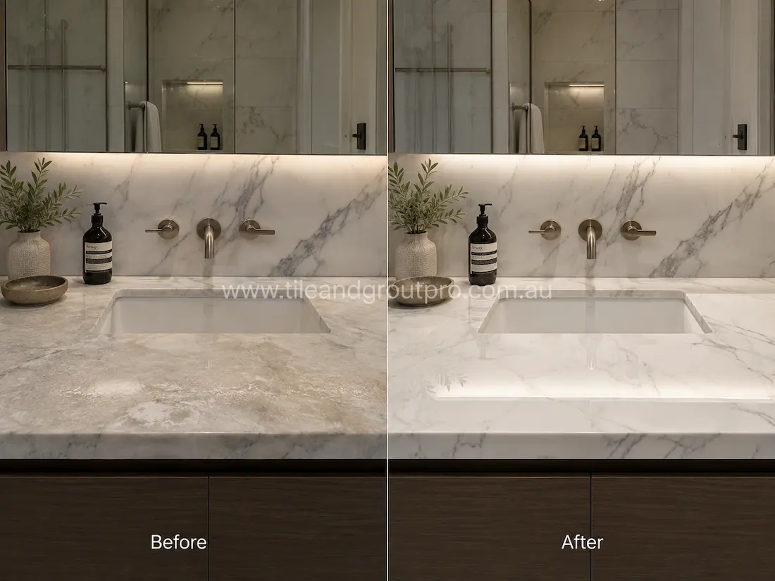 White marble bathroom vanity countertop with etched surface and dull finish before professional stone polishing service.