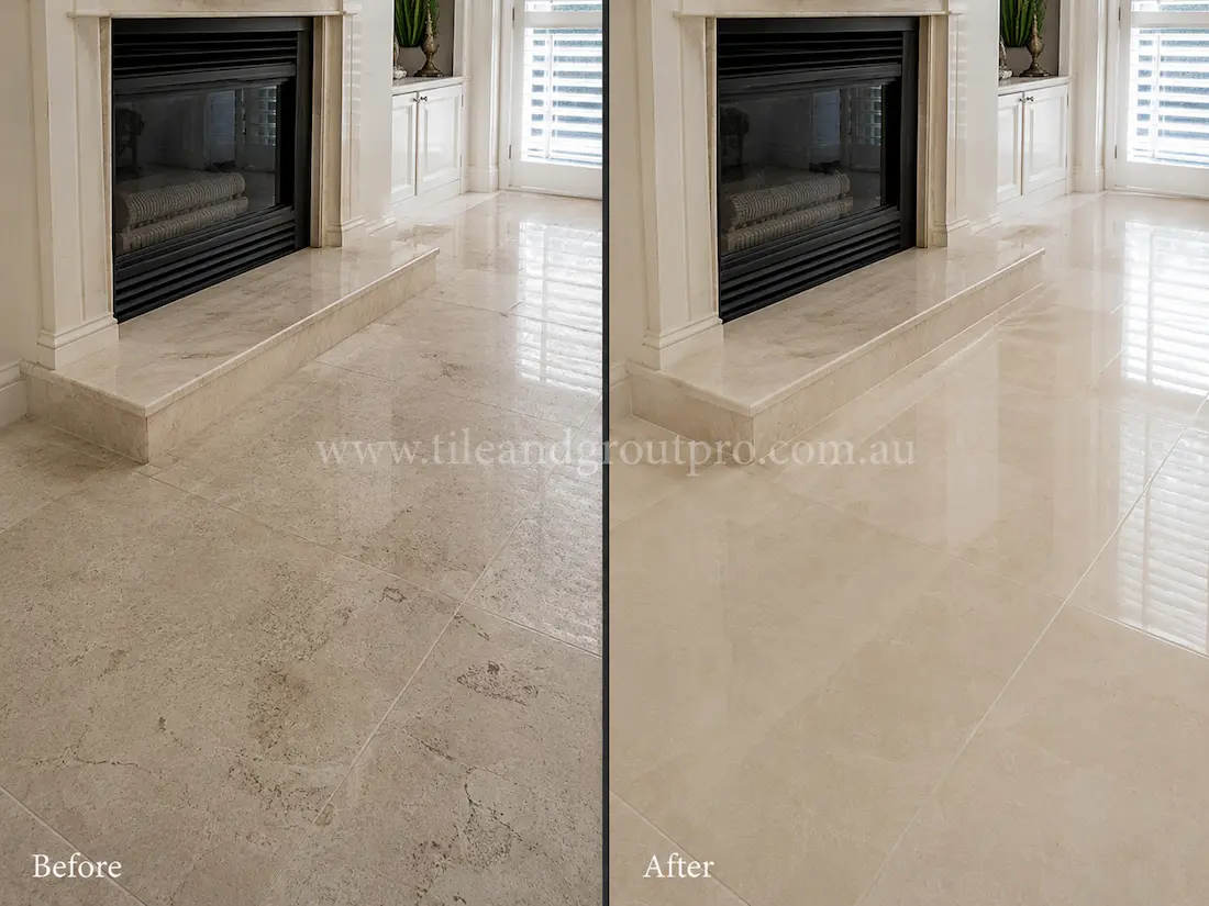 Before tile renewal, the marble floor tiles around the fireplace hearth showed surface dullness, light scratches, and uneven reflection in a bright residential interior.