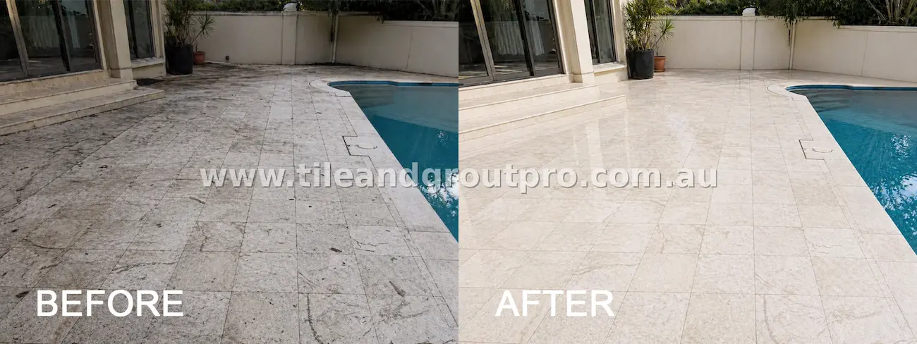 Outdoor marble poolside patio tiles with heavy dirt buildup, organic staining, and darkened grout lines before tile and grout cleaning