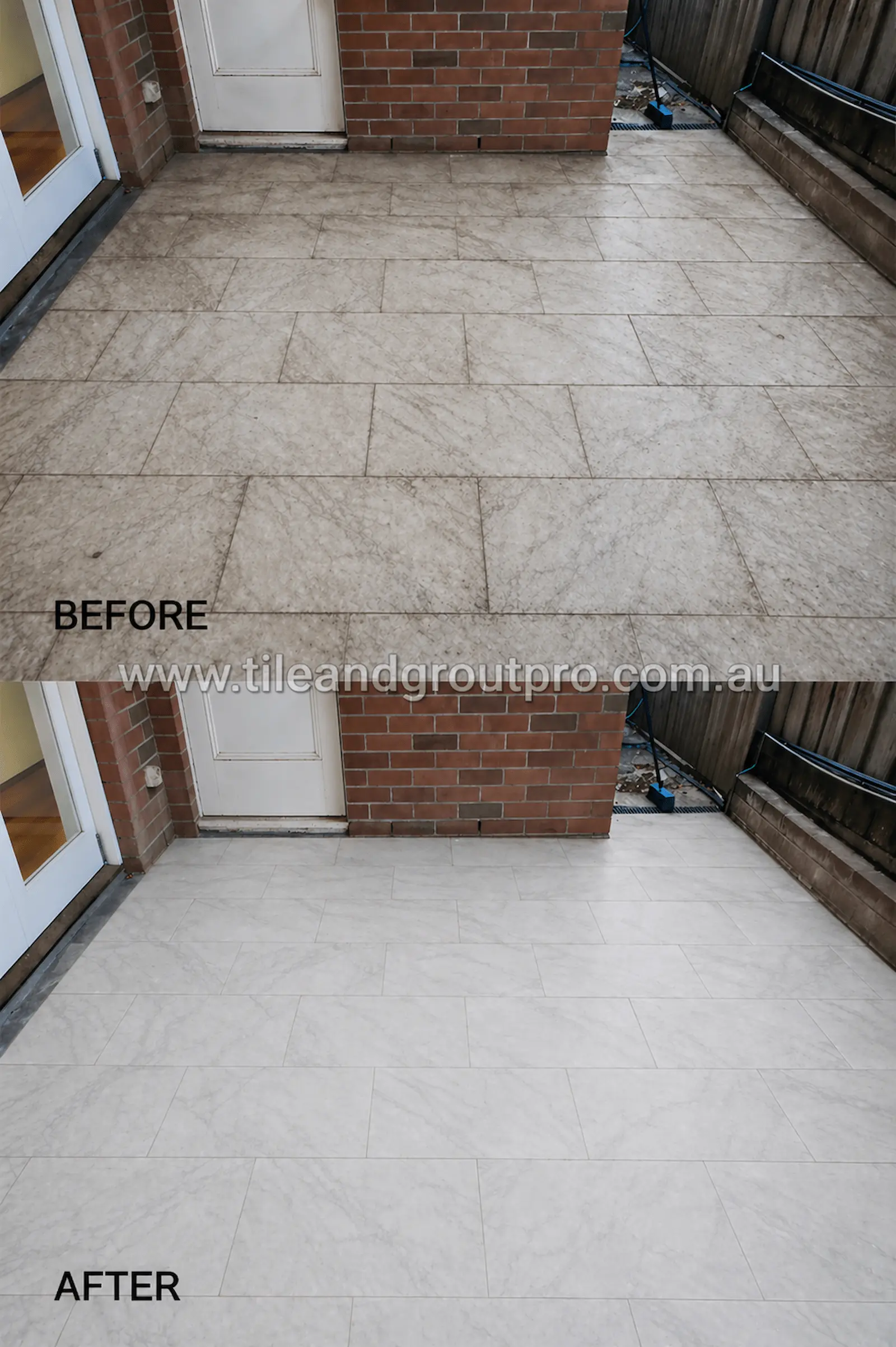 Outdoor marble tile restoration before and after with dirt removal and refreshed surface finish