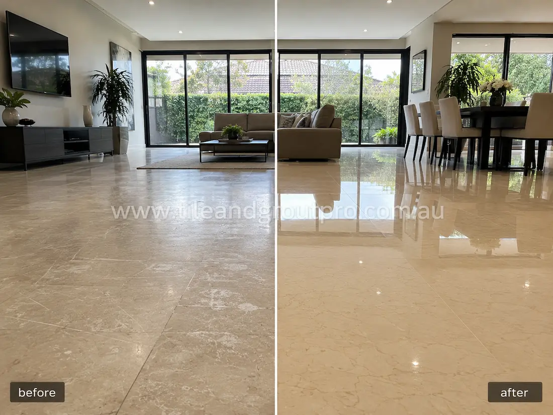 Residential living and dining area with beige marble floor tiles before grinding, showing dull patches, light scratches, faded polish, and worn reflective finish across the open-plan space.