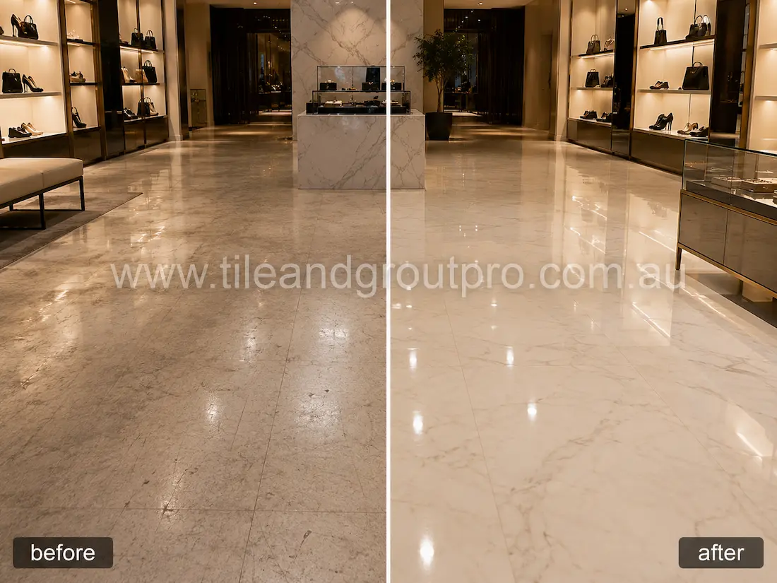 High-end retail showroom with marble floor tiles before grinding, displaying cloudy finish, traffic wear, fine scratches, and uneven shine throughout the shopping space.