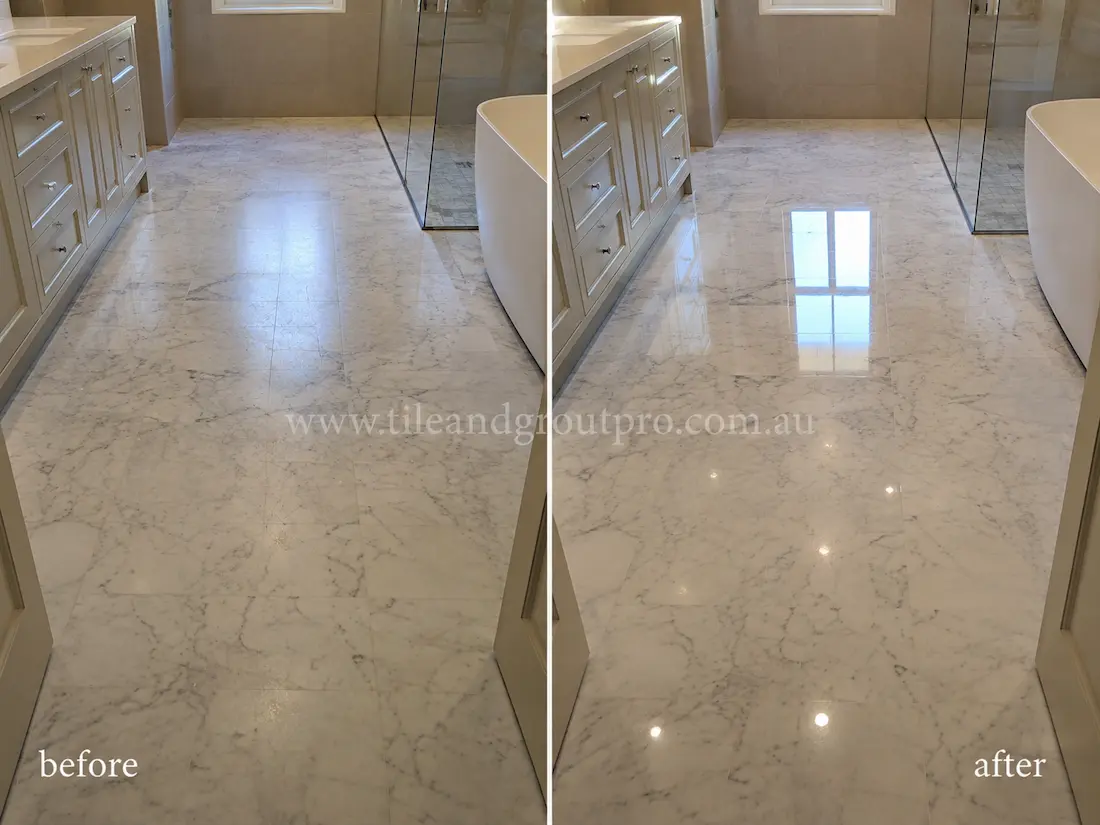 White marble bathroom floor before and after scratch removal, showing dull and lightly scratched marble tiles restored to a polished reflective surface.