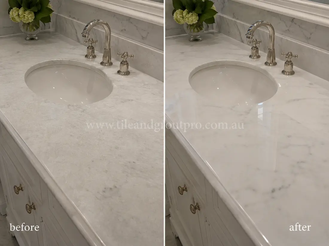 White marble bathroom vanity countertop before and after scratch removal, showing etched and dull marble restored to a smooth polished finish around the sink area.
