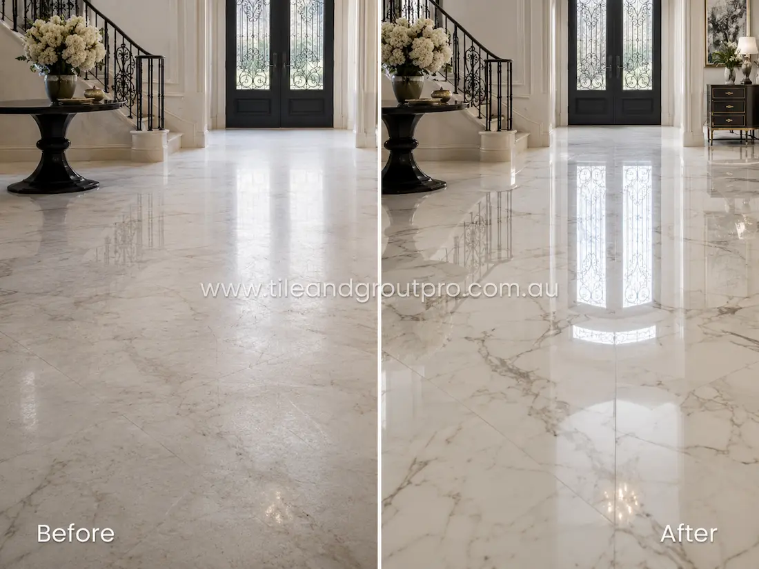 White marble foyer floor tiles with faded shine and visible traffic wear before luxury stone polishing service.