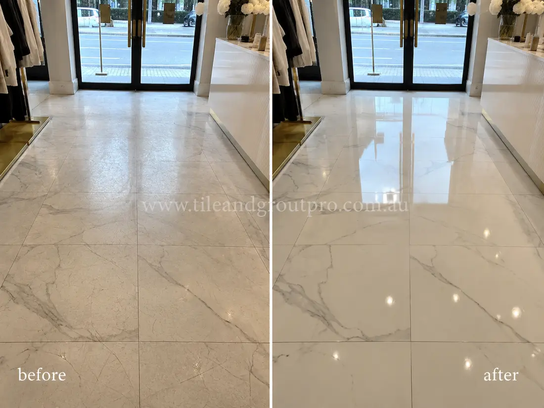 Retail store with white marble floor tiles before and after scratch removal, showing worn and scratched stone restored to a glossy polished surface.