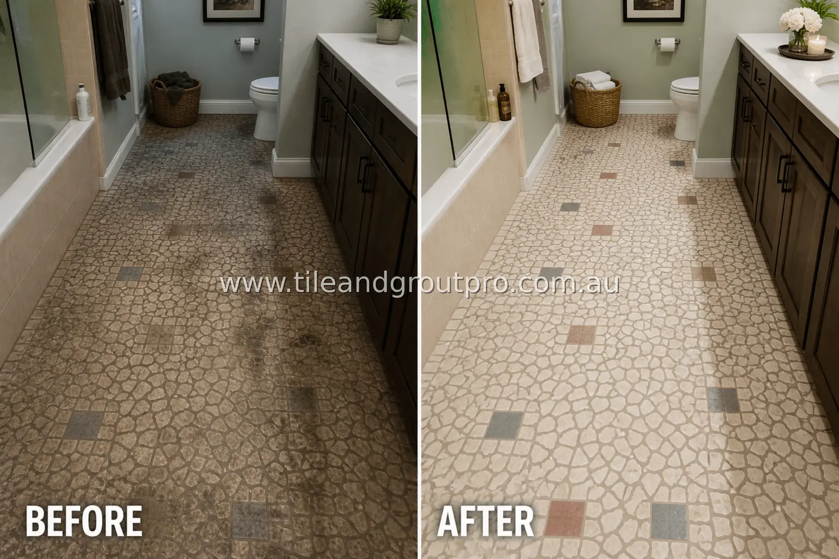 Pebble-pattern mosaic tile bathroom floor with heavy soil buildup, dark stains, and discolored grout lines along vanity and toilet area before cleaning