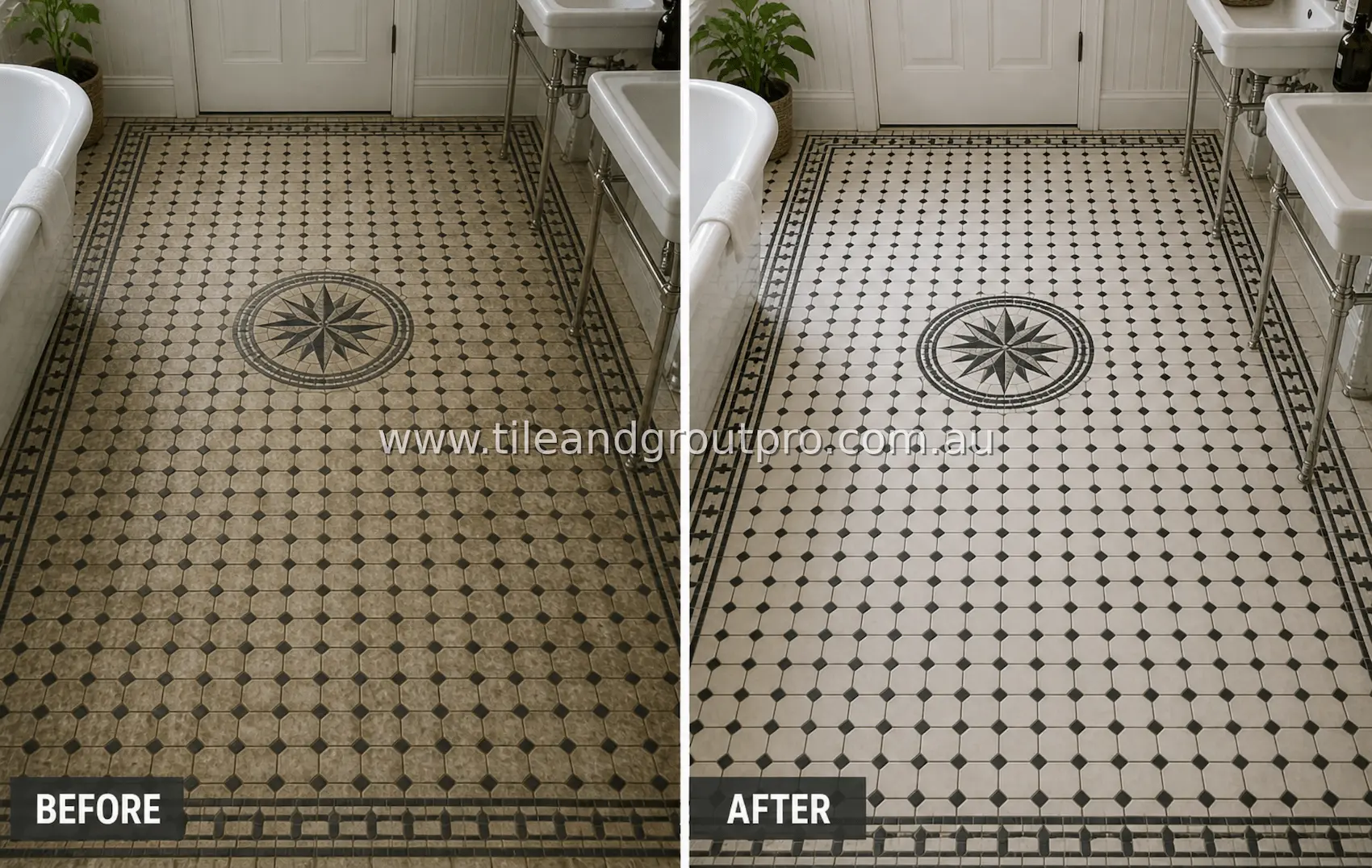 Mosaic tile bathroom floor with geometric pattern and central medallion, showing soap residue, discoloration, and stained grout lines before cleaning