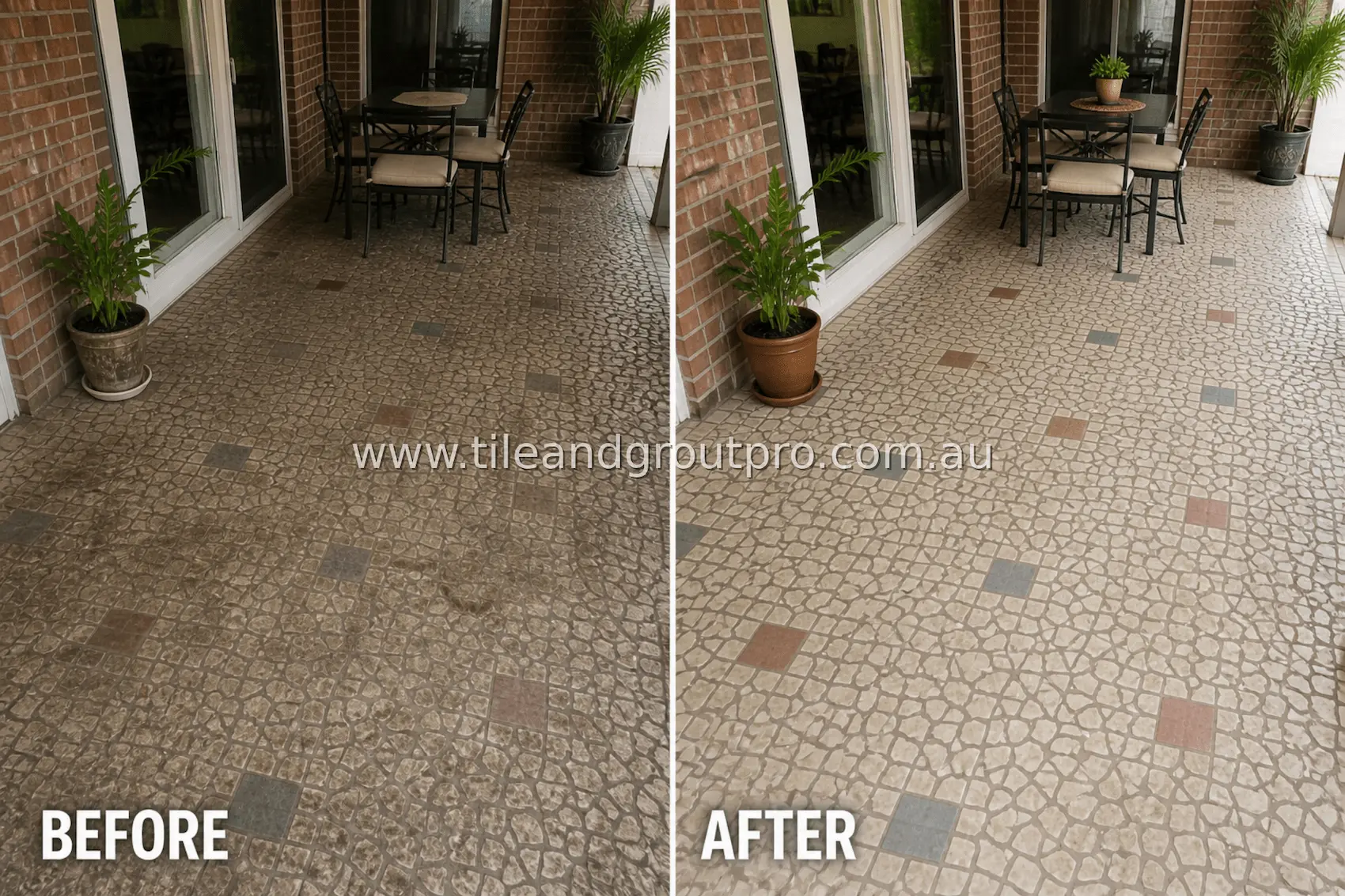 Mosaic tile patio floor next to brick wall with heavy dirt accumulation, stains, and dark grout lines before tile and grout cleaning