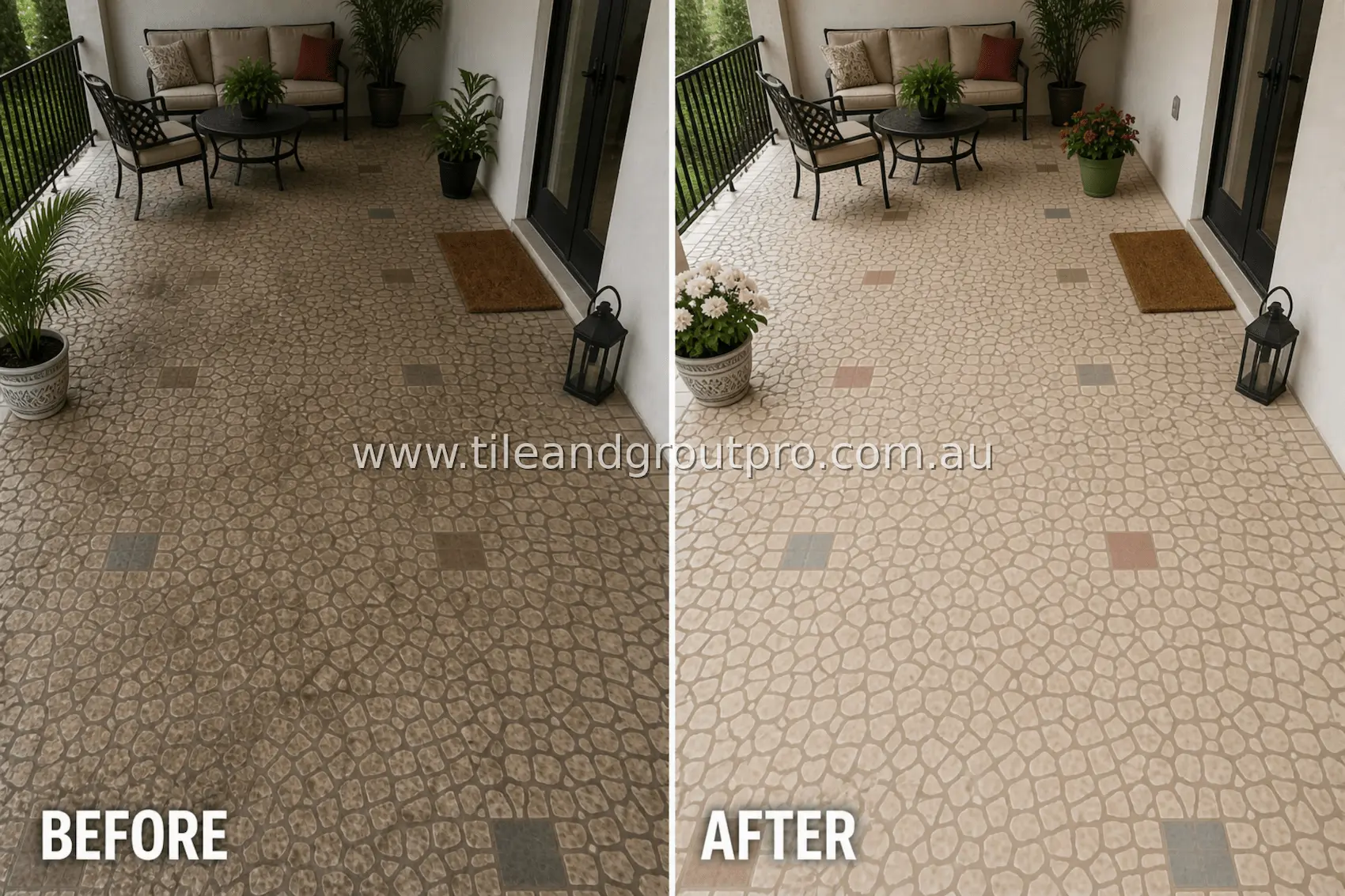 Covered balcony mosaic tile floor with pebble-style pattern, showing dirt buildup, dull surface, and stained grout from foot traffic before cleaning