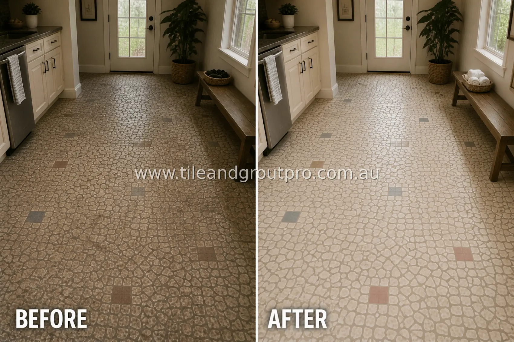 Mosaic tile kitchen floor with pebble-style pattern showing heavy dirt buildup, dull finish, and darkened grout lines near cabinets and entry door before cleaning