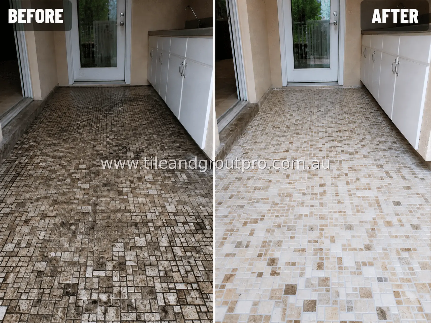 Mosaic tile outdoor patio floor with severe dirt buildup, dark staining, and heavily soiled grout lines in a covered exterior area before cleaning