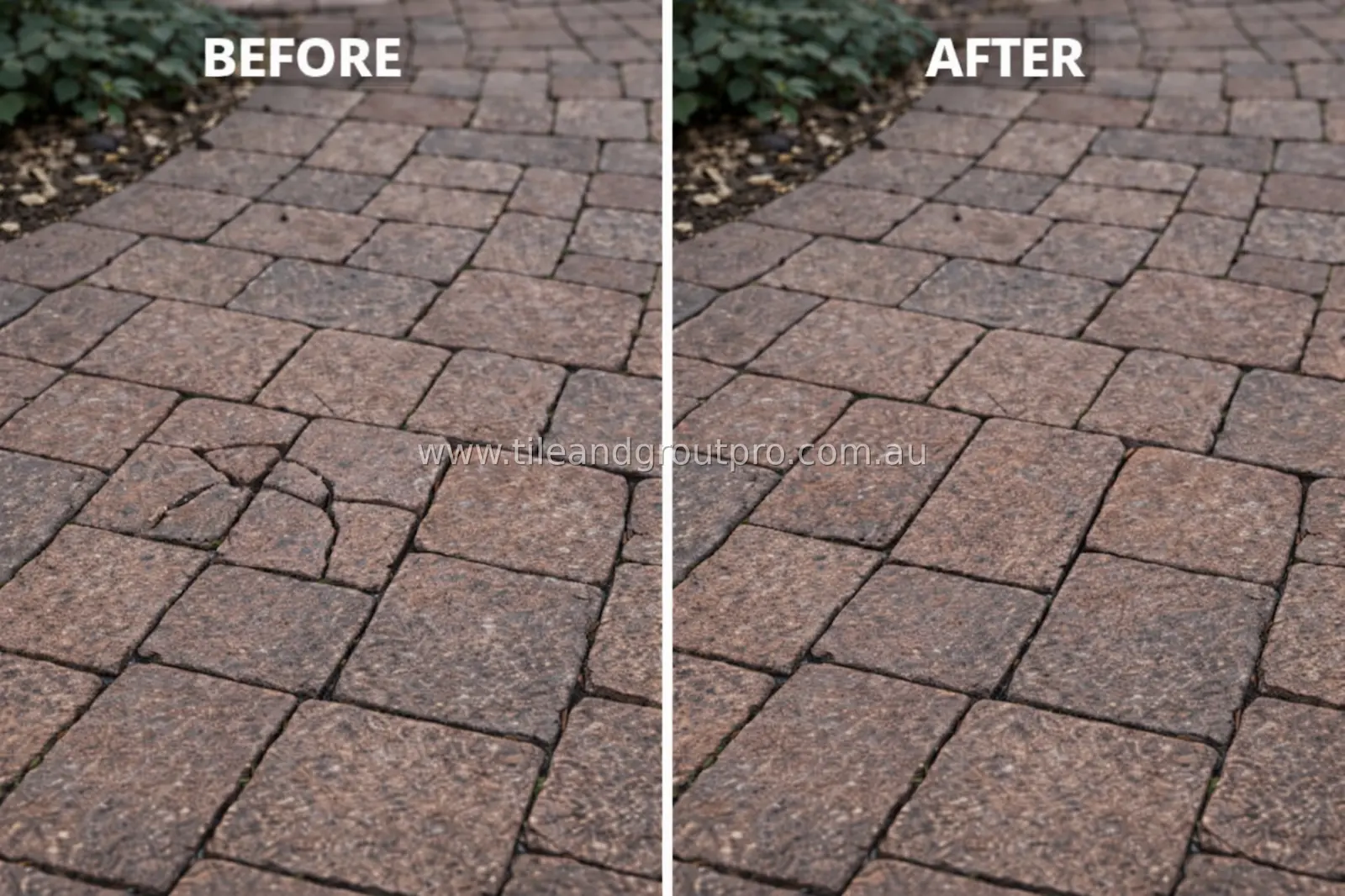 Brick paver pathway before and after repair showing restored and even surface