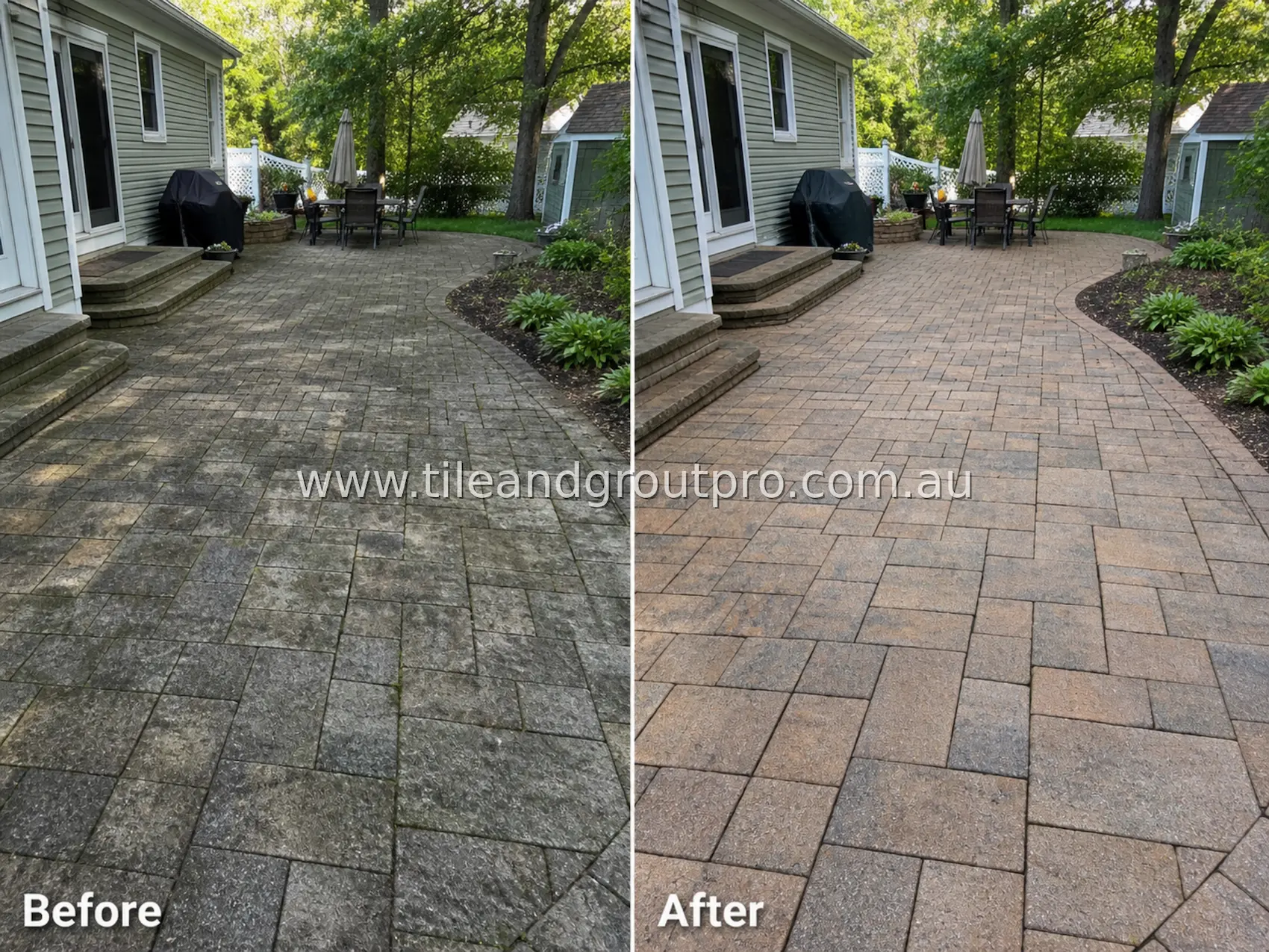 Concrete paver backyard patio with steps and outdoor seating area showing heavy dirt buildup, discoloration, and moss in joints before cleaning