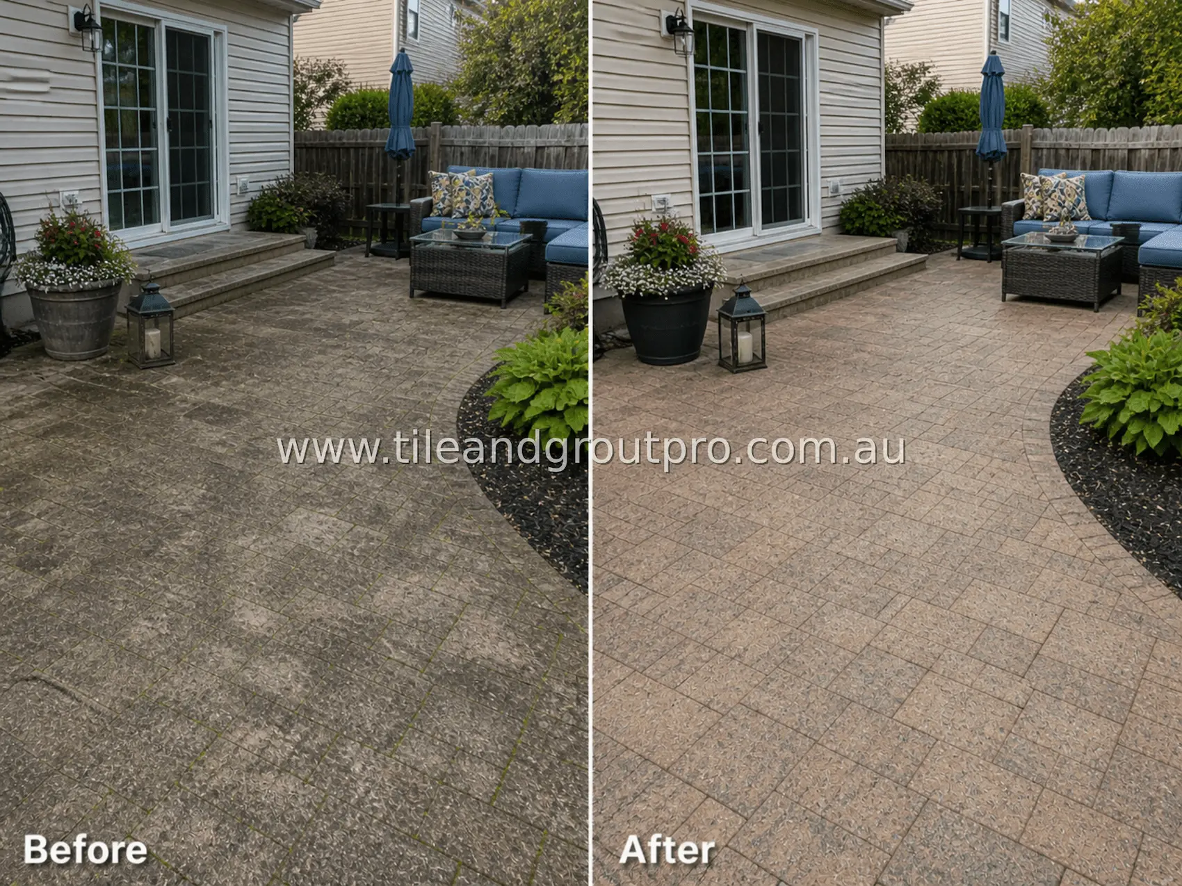Concrete paver backyard patio seating area with embedded dirt, algae buildup, and uneven discoloration before pressure washing and cleaning