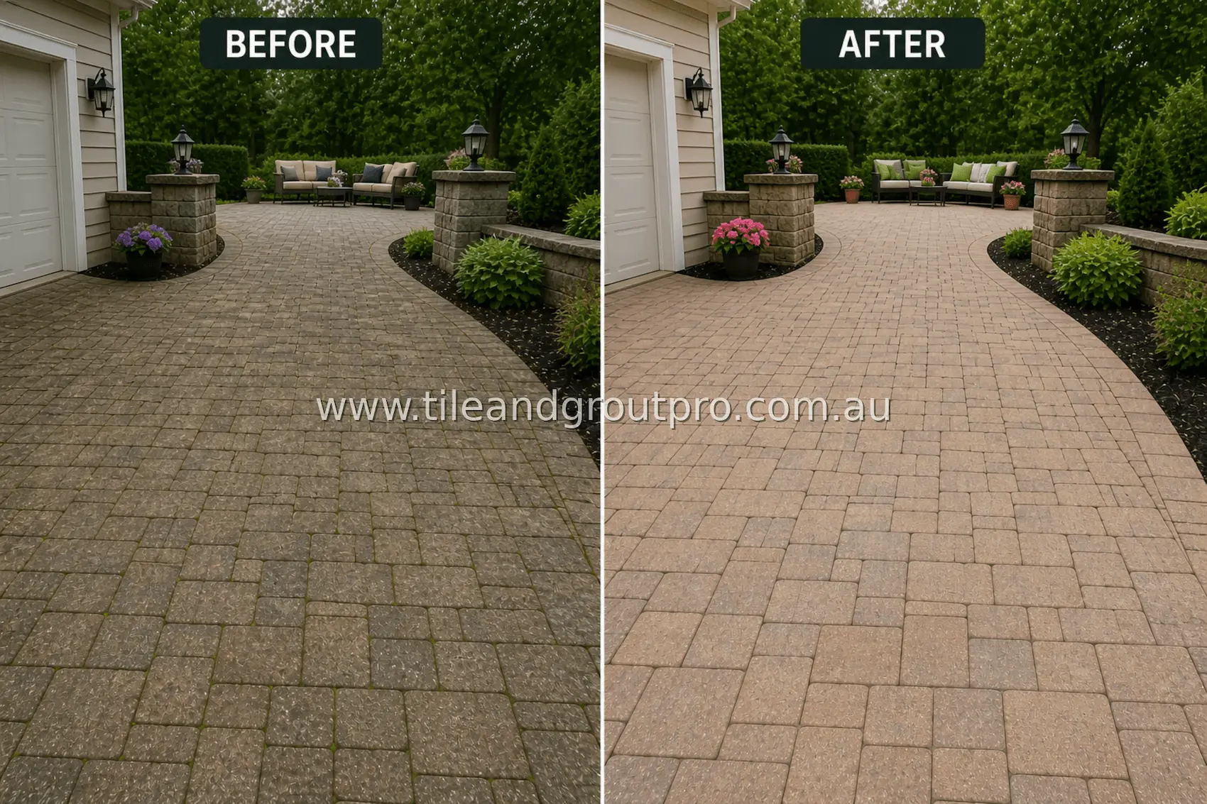 Concrete paver front walkway leading to home entry with visible moss growth, grime buildup, and darkened joints before professional cleaning