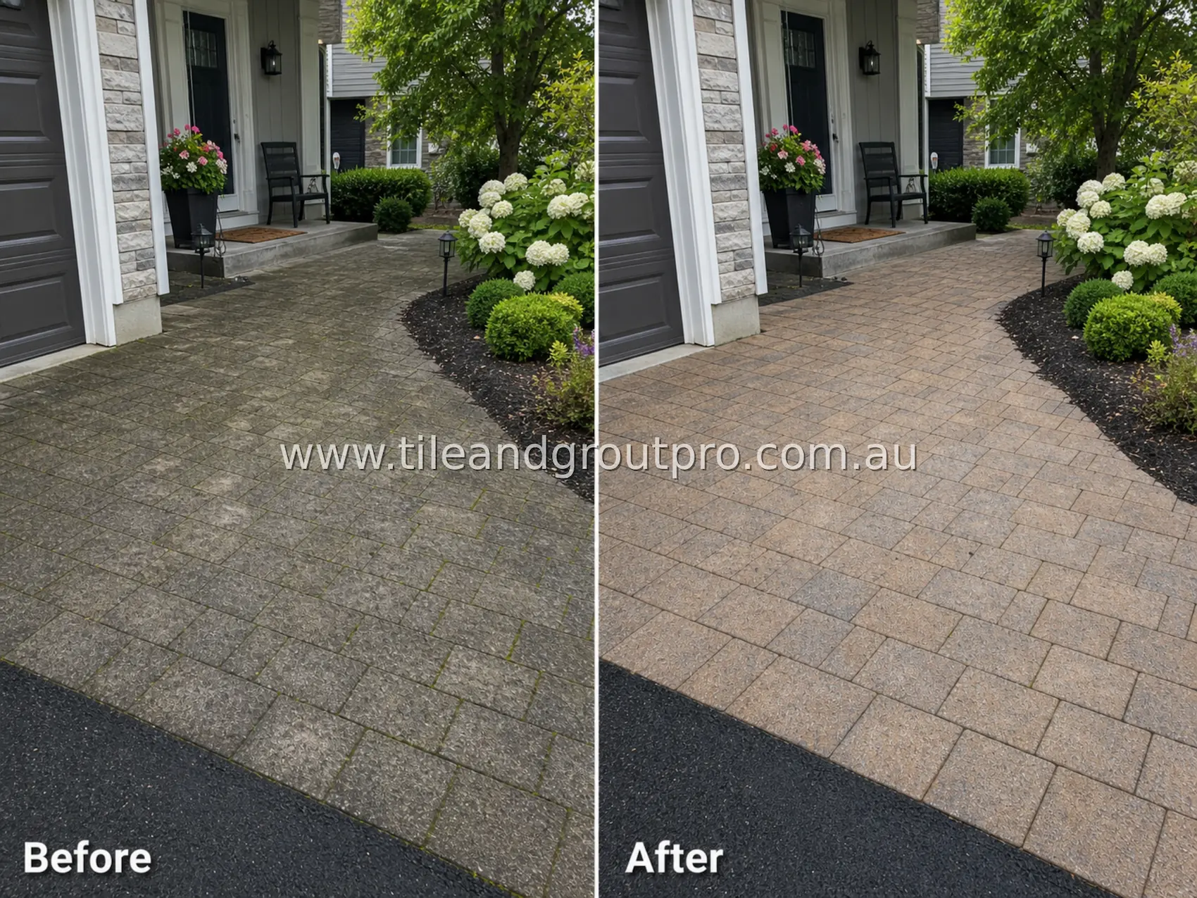 Concrete paver front walkway leading to porch with visible grime, moss growth between joints, and dark staining before professional cleaning