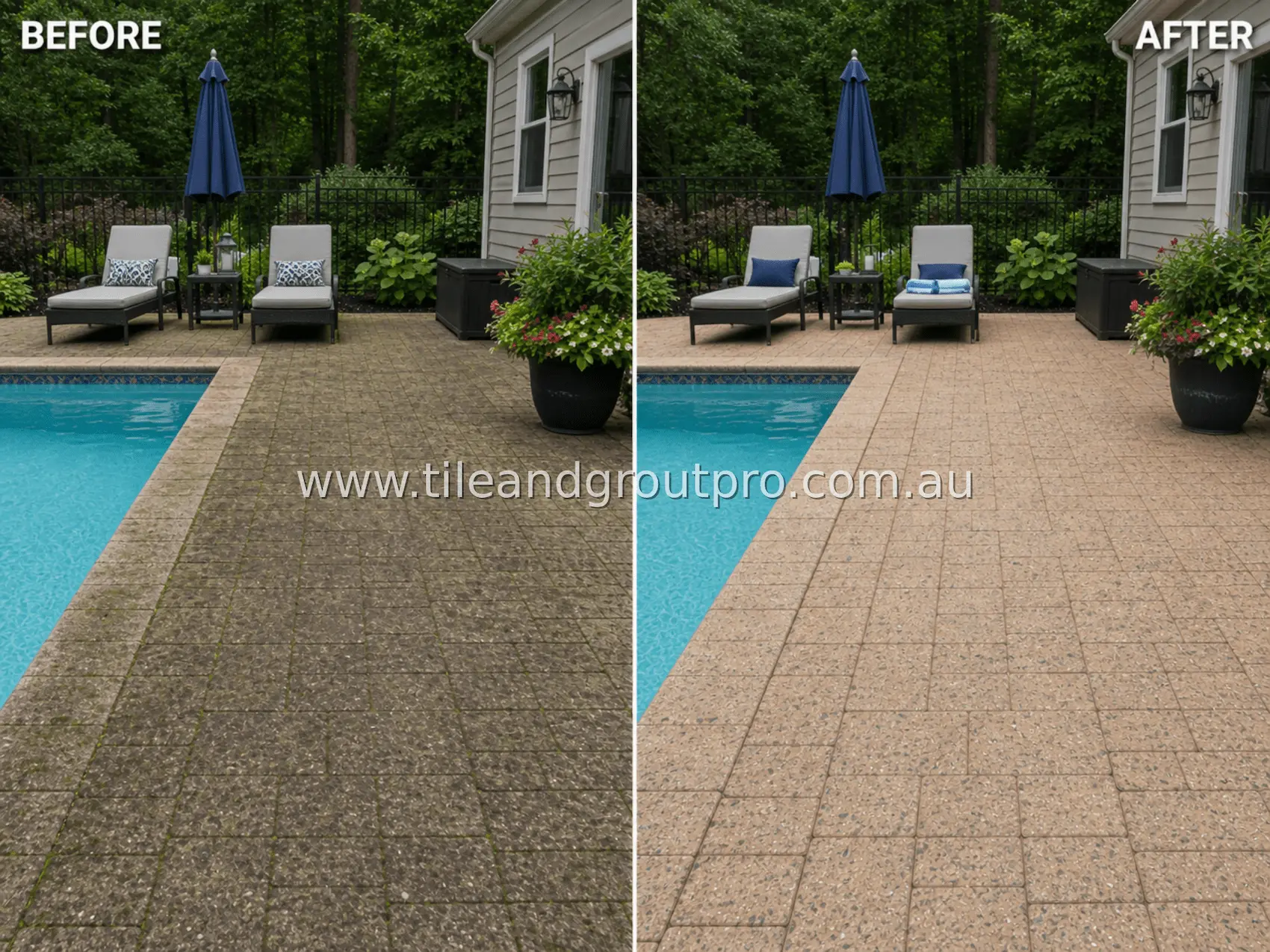 Concrete paver poolside patio with algae, mildew staining, and embedded dirt across the surface before pressure washing and cleaning